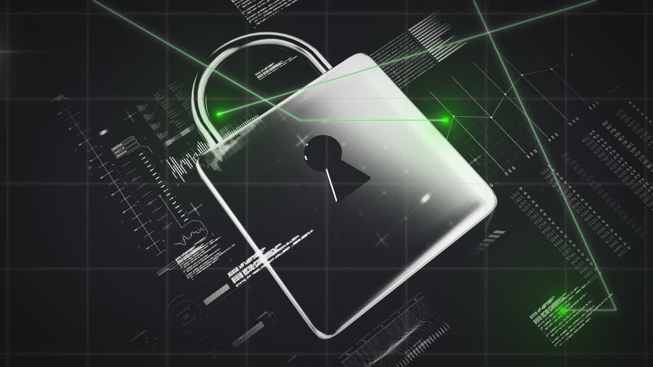 Security padlock and light trails against data processing on black background