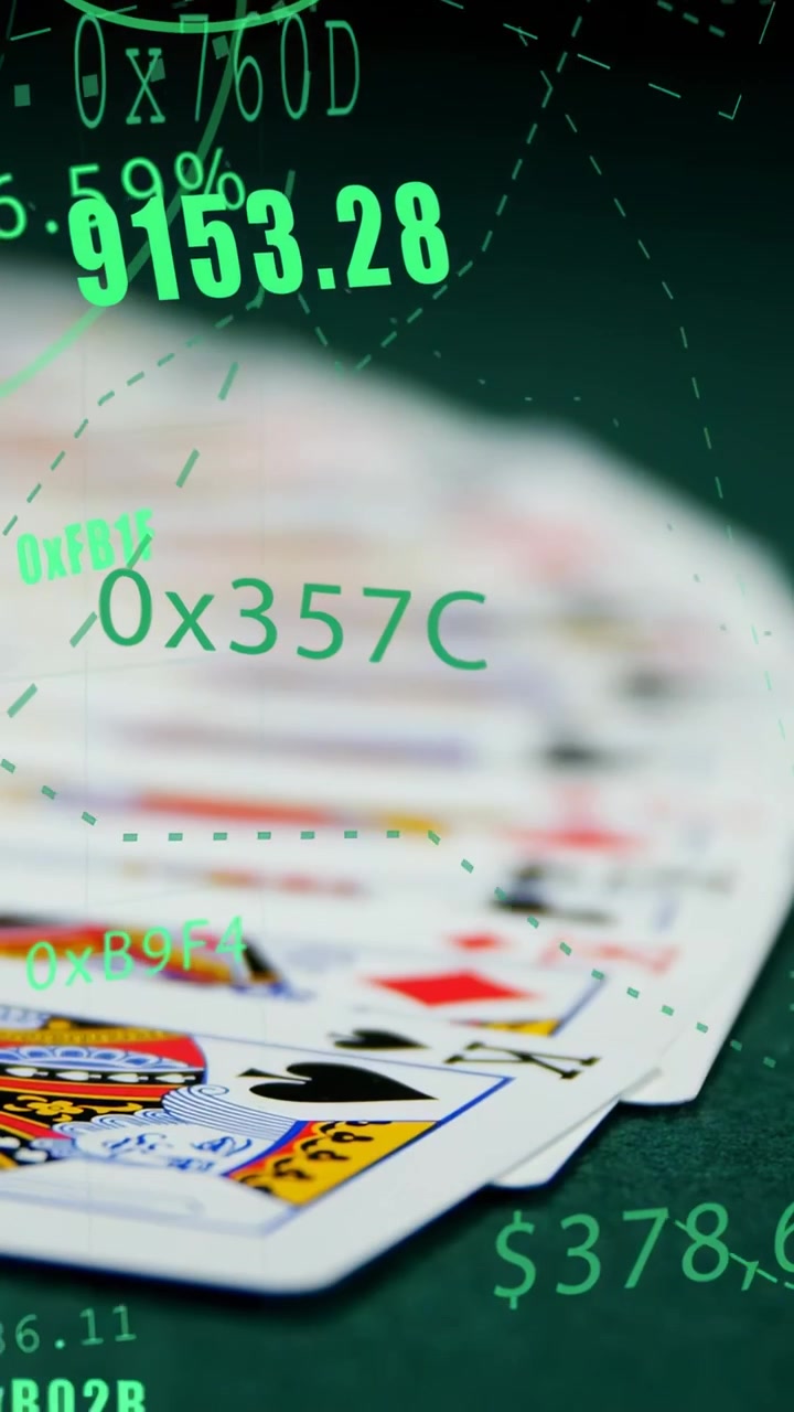 Vertical video: Playing cards fanning on green felt small stack moving and updating finance graphs