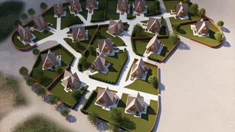 aerial view of modern a-frame residential development with green landscapes