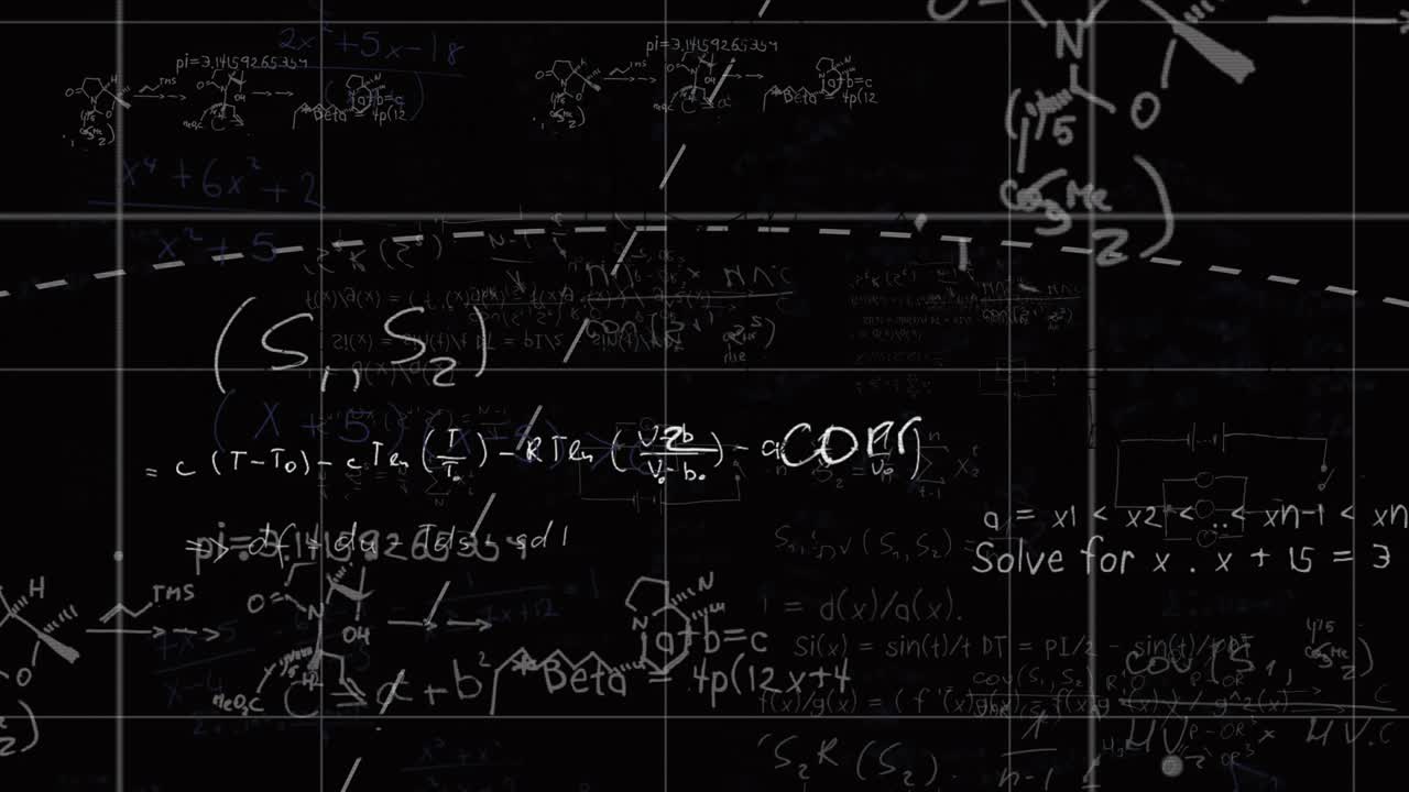 Tafel präsentiert weiße Mathematik- und Chemiegleichungen über einem schwachen Gitter mit gekrümmtem, gestricheltem Bogen.