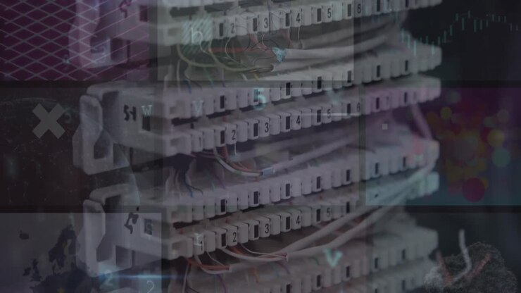 Animation of firewall warning text and server over various clips playing on composite screens