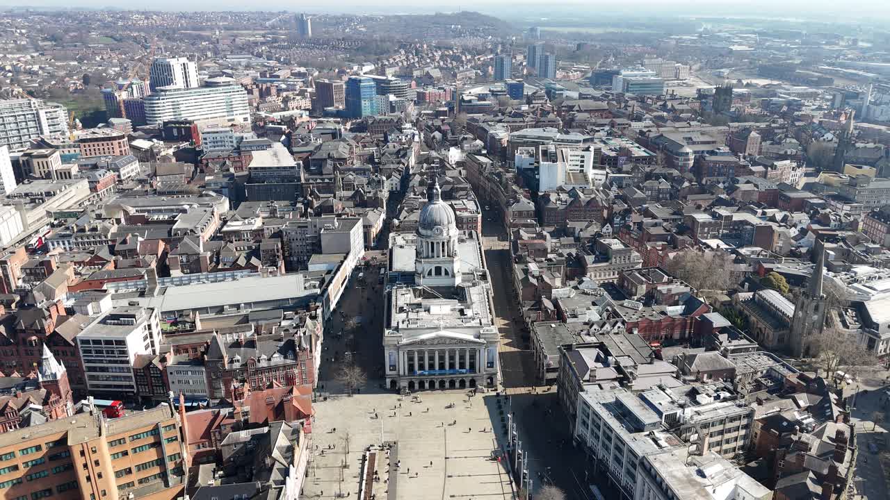 Slow panning drone,aerial Nottingham City centre UK high angle