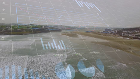 animation of financial graphs and data over seascape