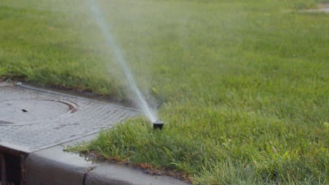 water sprinkling system irrigating residential lawn with green grass