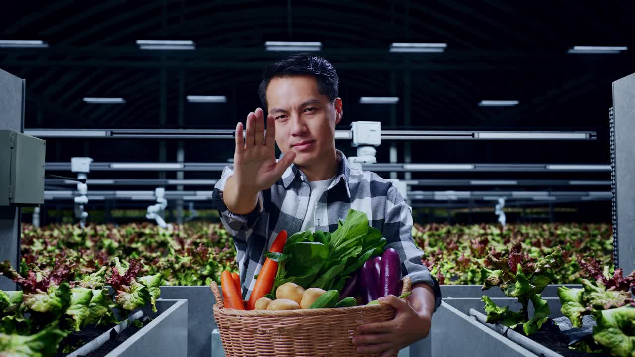 아시아 남성 농부 가 채소 바구니 를 들고 스, 금기 표지판, 스마트  에 서 있다