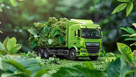 green truck transporting abundant plants in a lush forest