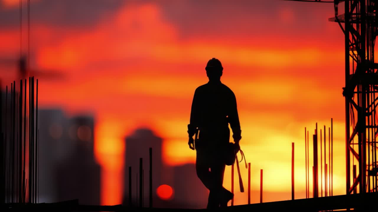 Silhouetted Worker on a Construction Site Against a Vibrant Sunset Sky, Capturing the Essence of Labor and Urban Development in a Moment of Reflection