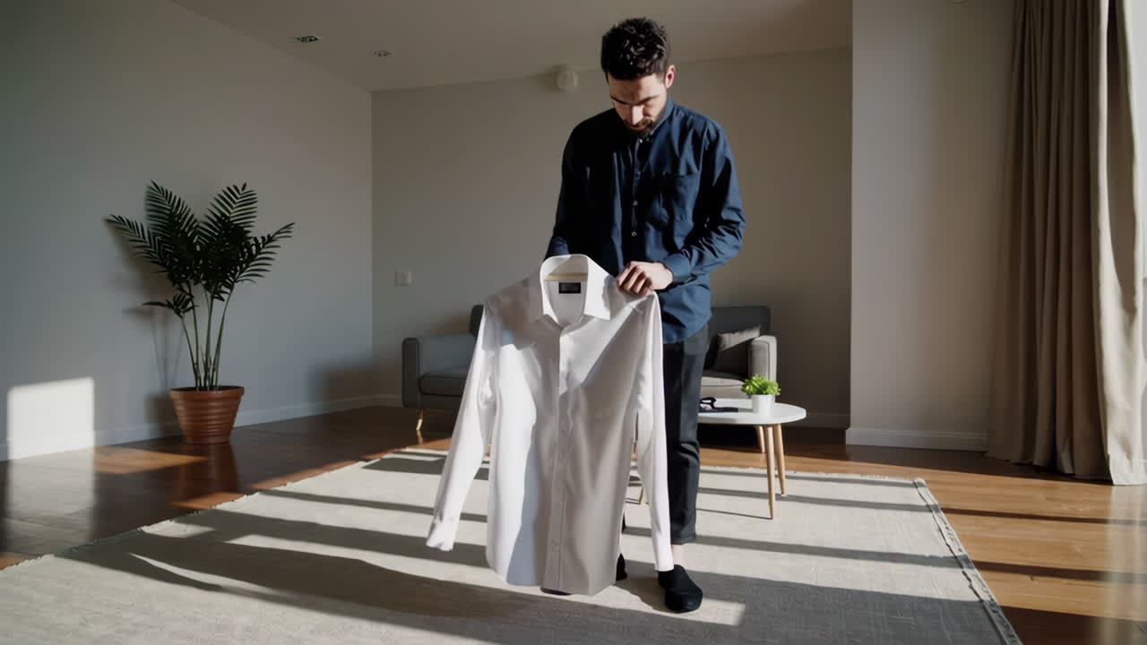 Man folding a white shirt at home