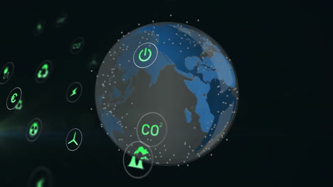 animation of spots and icons over globe on black background