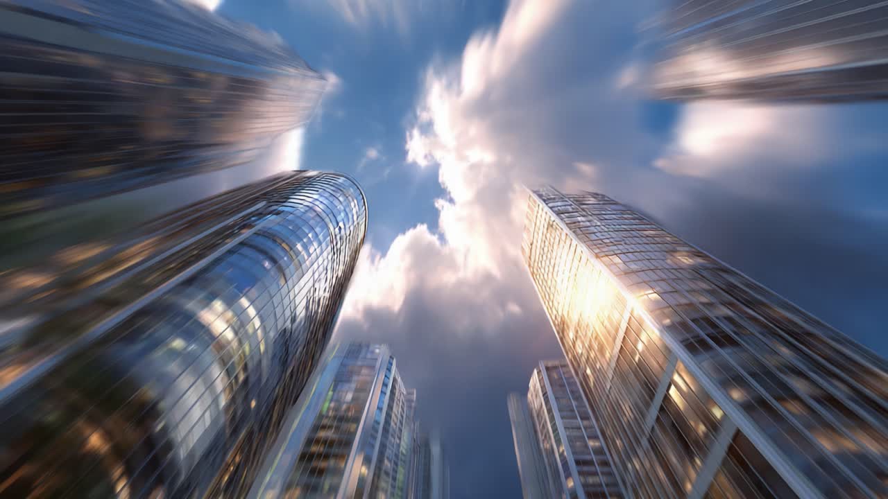 Dynamic Perspective of Modern Urban Skyscrapers Reaching Towards a Dramatic Sky Captured in Two Striking Frames of Architectural Beauty and Natural Wonder