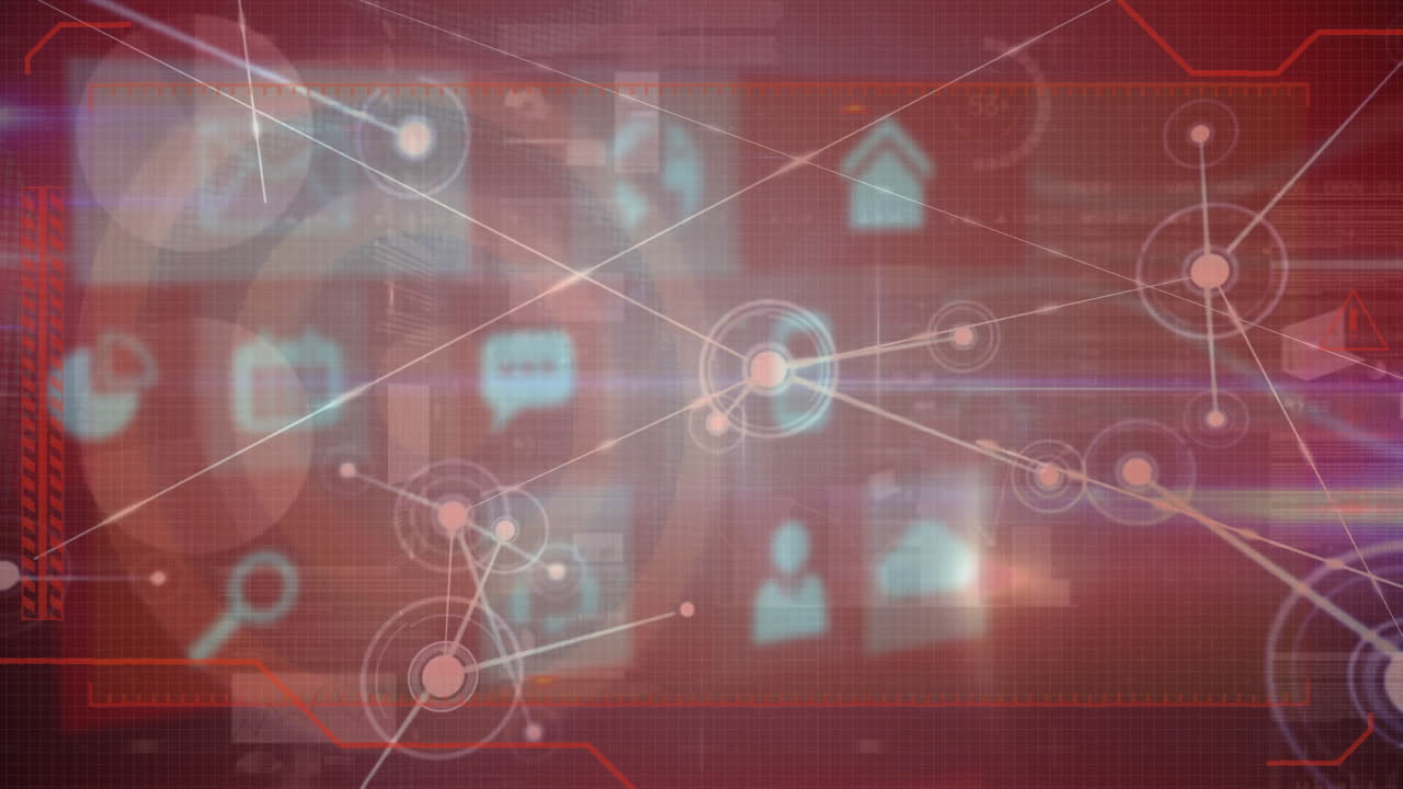 animación de la red de conexiones con iconos sobre la pantalla roja