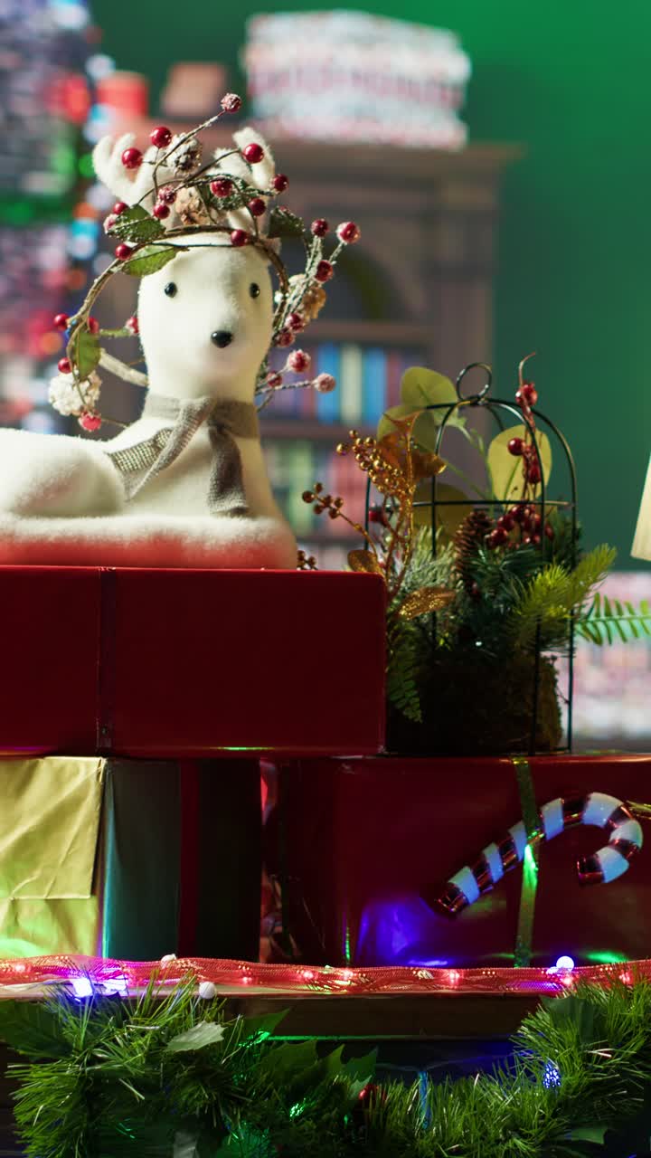 Festive Christmas Decorations with Reindeer Figurine and Blinking Lights