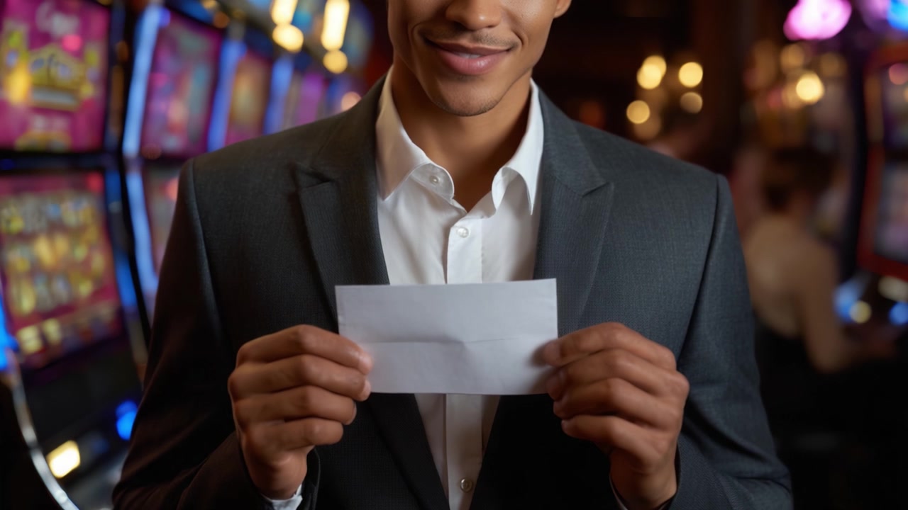 Um Homem de Terno Segurando um Envelope em Frente a Caça-Níqueis com um Sorriso, Capturando a Emoção e a Antecipação em um Ambiente de Cassino