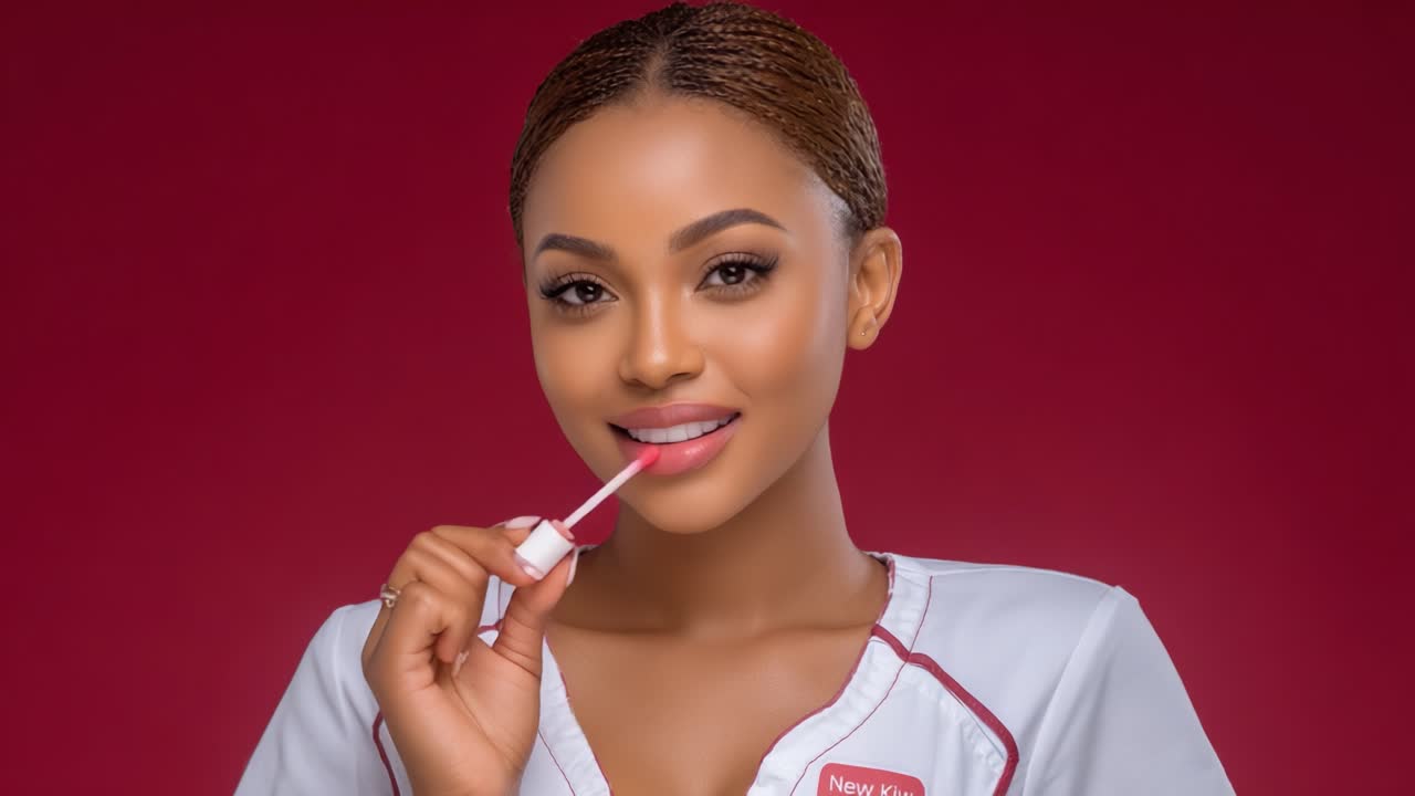 A Confident Beauty Professional Demonstrating Lip Product Application with a Charming Smile Against a Vibrant Red Background, Highlighting Elegance and Style