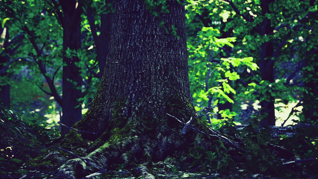 Majestic tree trunk surrounded by lush greenery in a vibrant forest