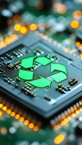 recycling technology on a circuit board. bright green recycling symbol is prominently displayed on a circuit board surrounded by intricate electronic components.