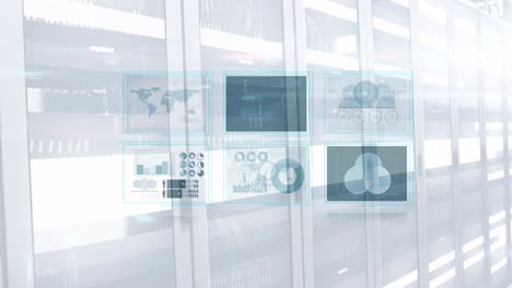 animation of data processing on digital screens over tech room with computer servers