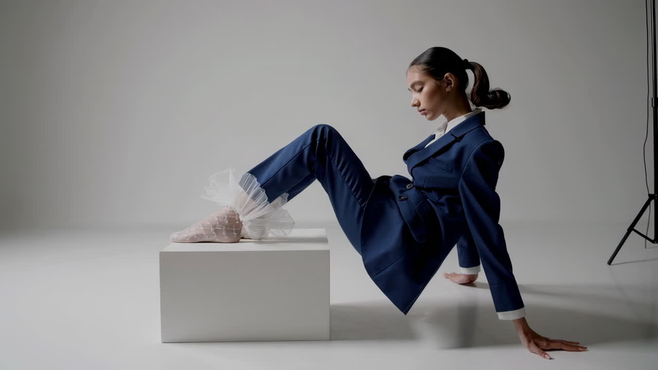 Fashion model in a blue suit posing on a white box
