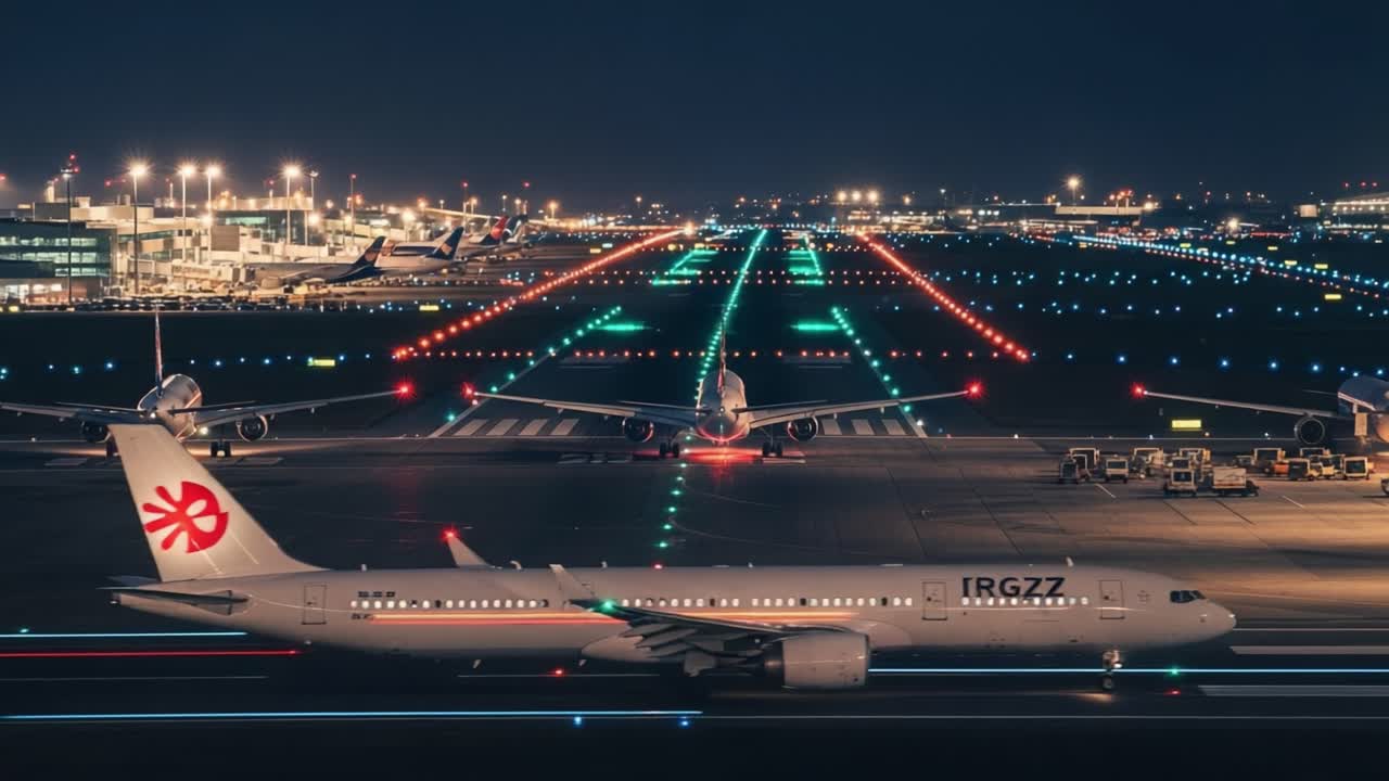 Airplanes on an illuminated airport runway at night