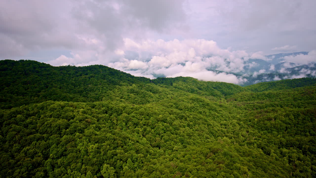 Cinematic aerial view of misty Great Smoky Mountains.