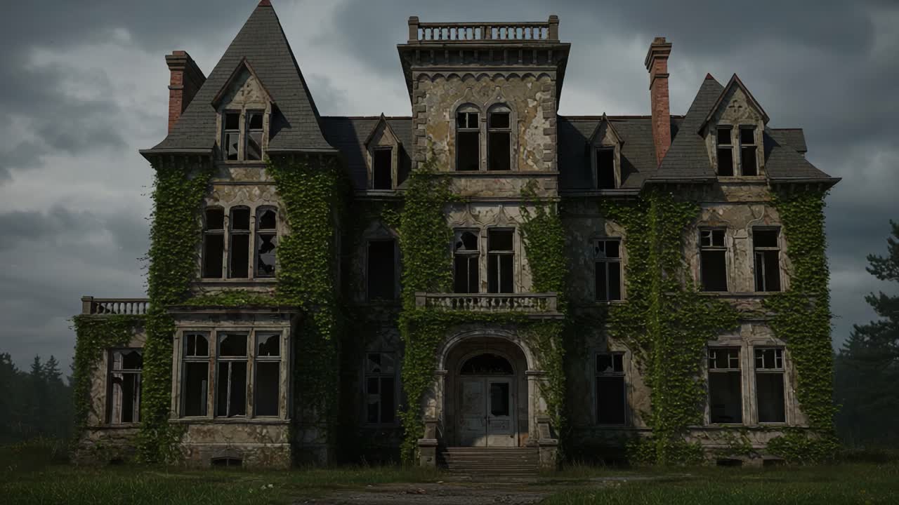 An Abandoned Victorian Mansion Overrun by Nature: A Hauntingly Beautiful Structure Surrounded by Lush Green Ivy and Eerie Atmosphere Captured in Two Frames
