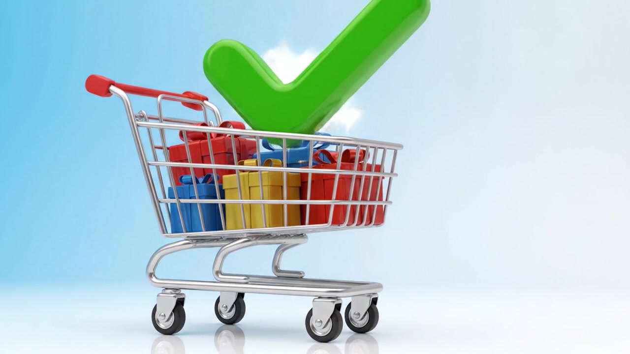 Een Kleurrijke Winkelwagen Gevuld met Cadeaus en een Groen Vinkje, Symbool voor een Succesvolle Winkelervaring en Tevredenheid tegen een Levendige, Minimalistische Achtergrond