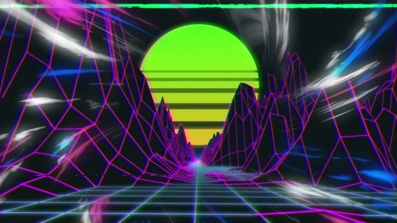Neon grid landscape with glowing sun animation over futuristic mountains