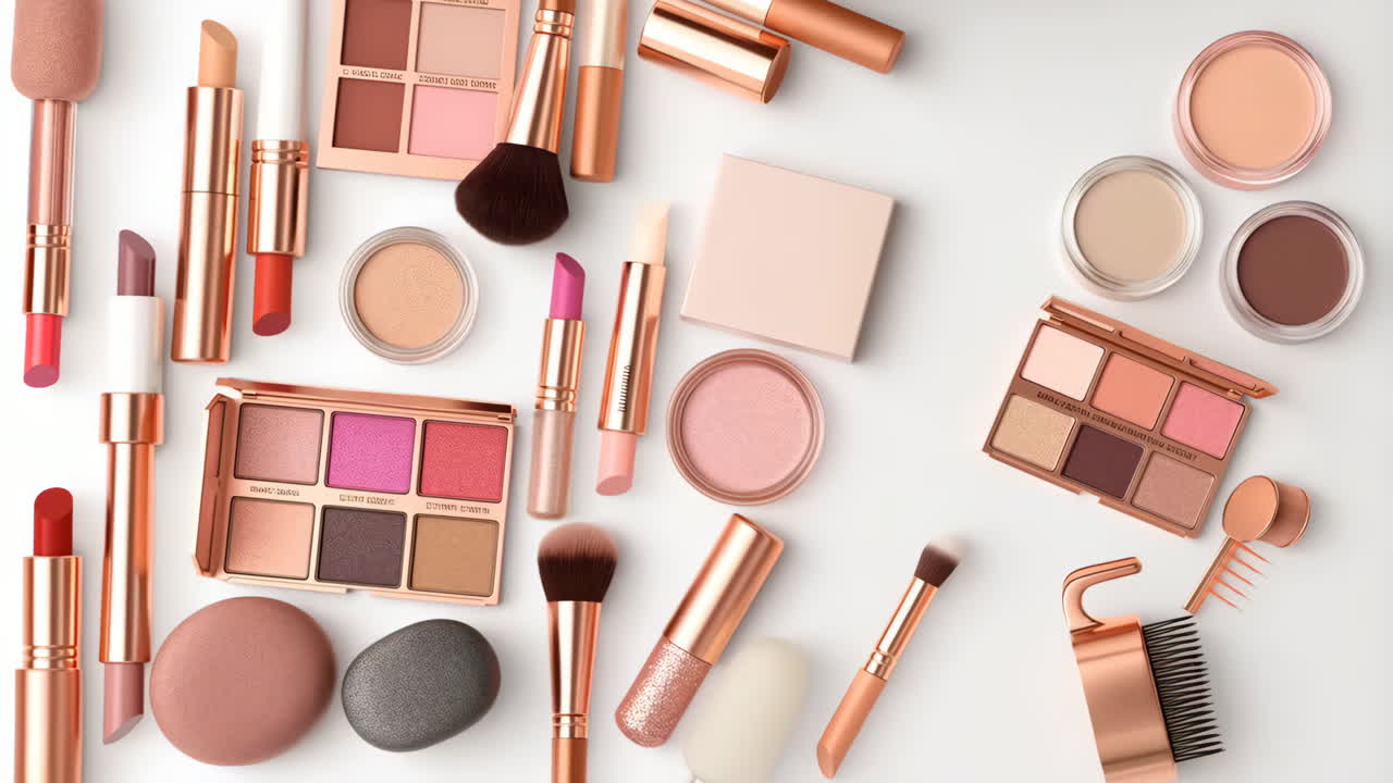 A flat lay of assorted rose gold and pink makeup products and brushes