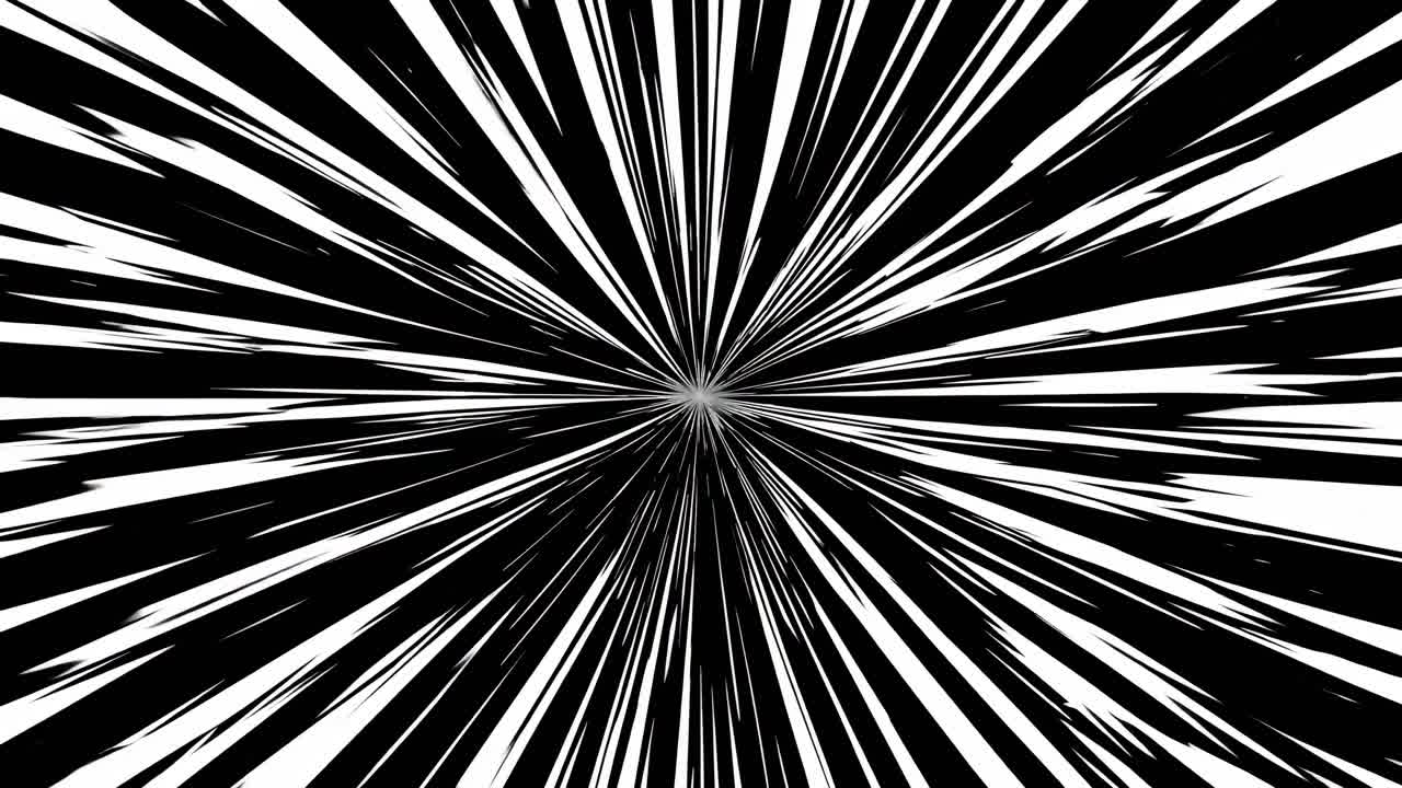 Dynamic burst of black and white lines converging at the center, creating a sense of speed