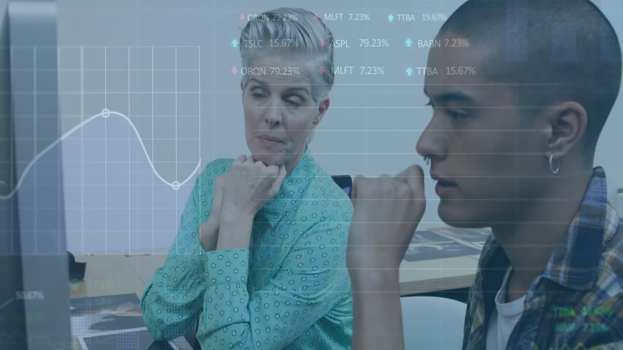 Animation of trading board, graph over diverse coworkers discussing reports over computer in office