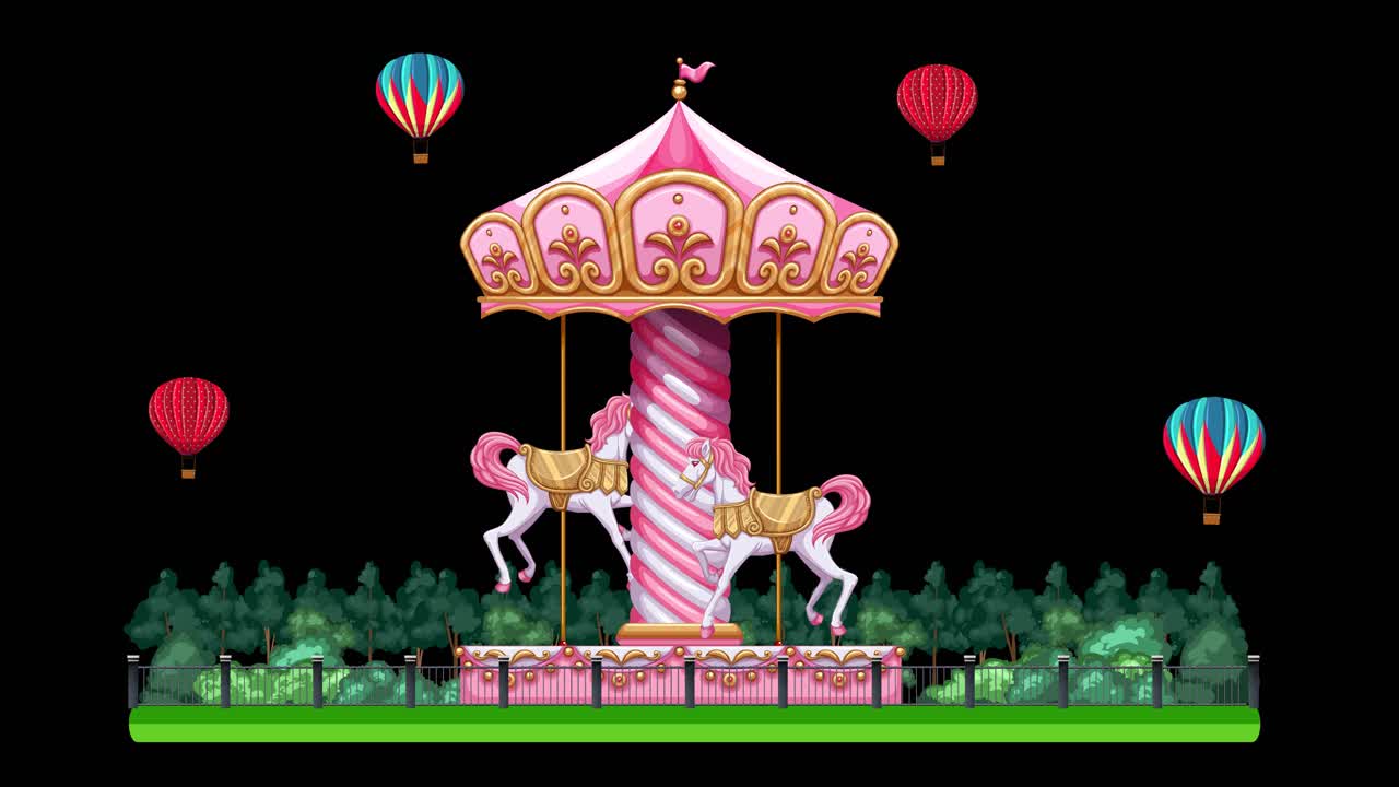 A pink carnival carousel rotates against a black background with floating hot air balloons