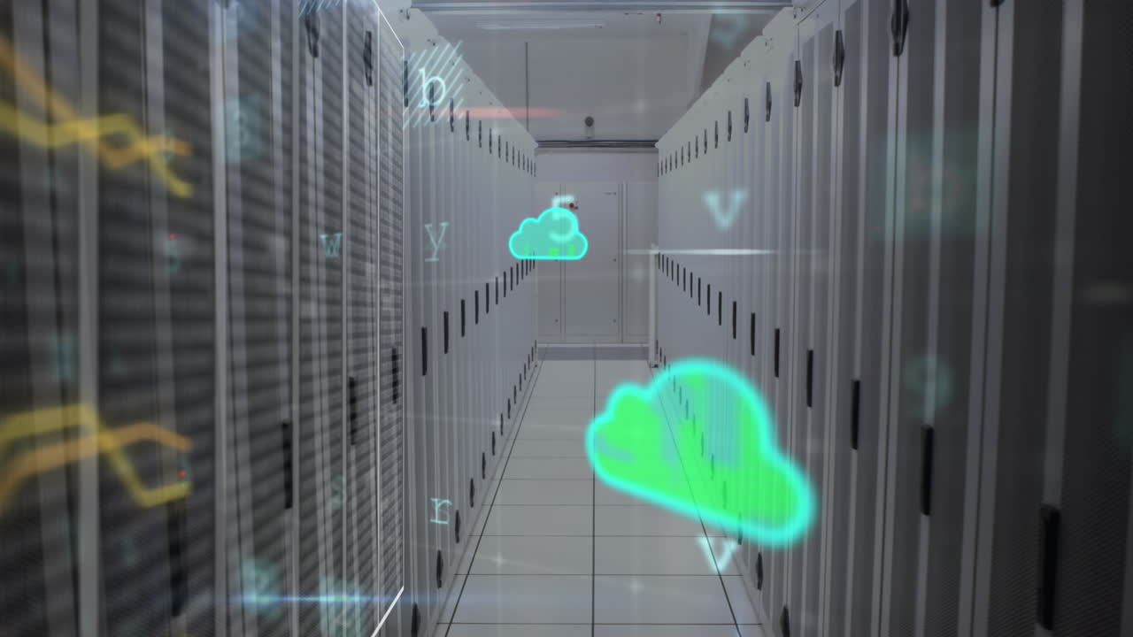 Animation of cloud icon, data processing text and connections over computer servers