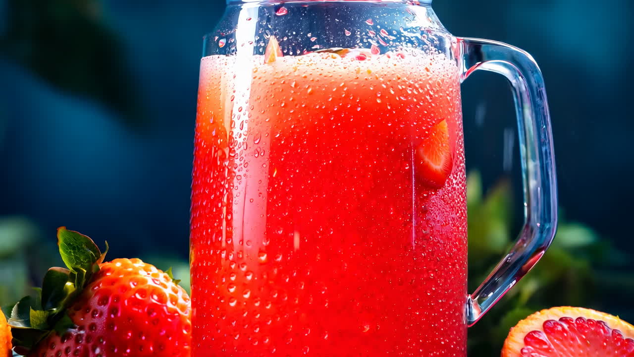 Refreshing Strawberry Citrus Drink Prepared With Fresh Ingredients Outdoors. A vibrant drink made from strawberries, oranges, and sparkling water sits among fresh fruits, highlighting a sunny outdoor setting.