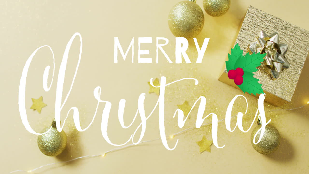 Merry Christmas text animation over golden ornaments and stars on light background