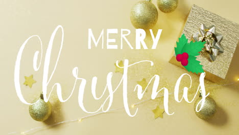 merry christmas text animation over golden ornaments and stars on light background