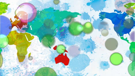 animation of multi coloured spots flying over world map