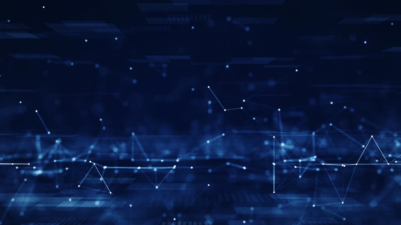 Abstract concept of digital technology and online cybersecurity data protection. Slow moving polygon internet network connection with dark blue background. front focus back blur. Big data.