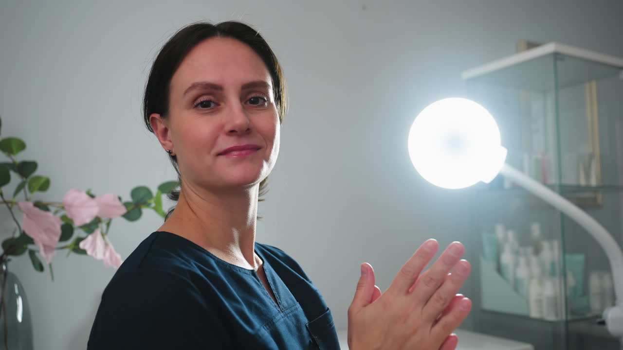 Cheerful beautician rubbing hands after facial session with soft glow from ring light and pastel flowers in vase adding serene atmosphere to bright treatment room skin care products glass cabinet