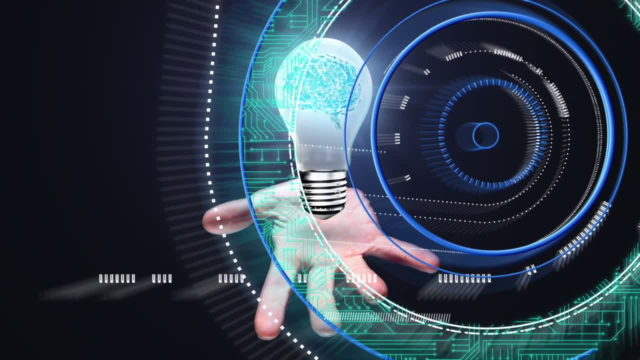 Animation of bulb and hand of caucasian man over processing circle on black background
