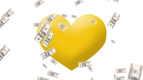 Animación-De-Billetes-De-Un-Dólar-Americano-Cayendo-Sobre-Un-Emoji-De-Corazón-Amarillo-Sobre-Fondo-Blanco