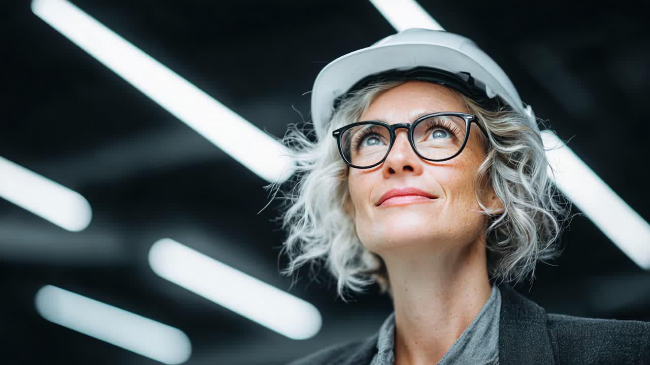 Ingegnere donna sicura di sé con occhiali e cappello che guarda avanti in un moderno ambiente industriale con illuminazione intensa