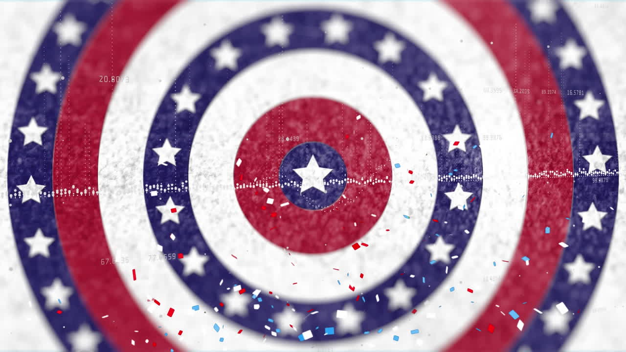 Animation of confetti falling over american flag stars and coloured on circles