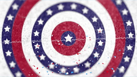 animation of confetti falling over american flag stars and coloured on circles