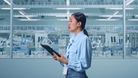 mujer trabajando en una fábrica moderna usando una tableta