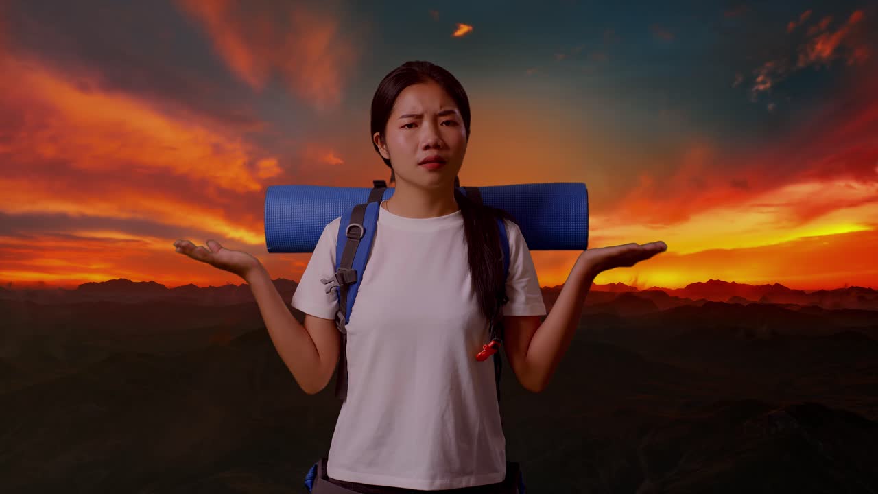 해가 지고 산을 산책 하는 여자 - 혼란 을 느다