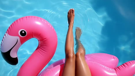 person's legs on a pink flamingo inflatable in a swimming pool