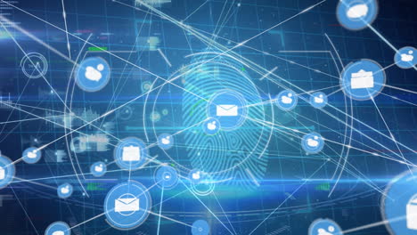 animation of connected icons, padlock in shields, circles on fingerprint against abstract background