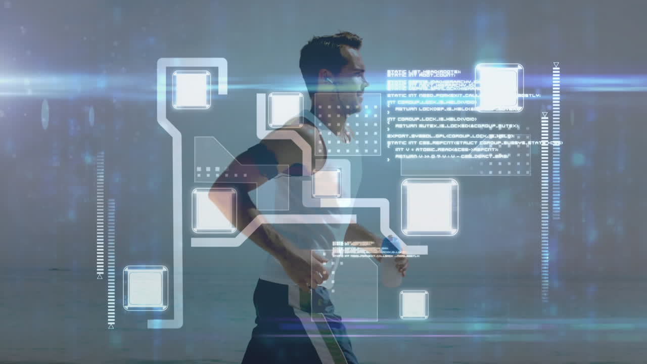 Animation of network of connections over fit man running at beach