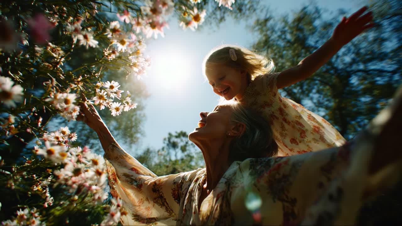 A Heartwarming Moment Between Generations: A Grandmother and Her Granddaughter Joyfully Interacting Amidst a Beautiful Flower Garden, Radiating Happiness and Love in Nature's Embrace
