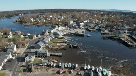 aerial fly over drone footage over vinalhaven downtown, fox islands, knox county, maine, usa